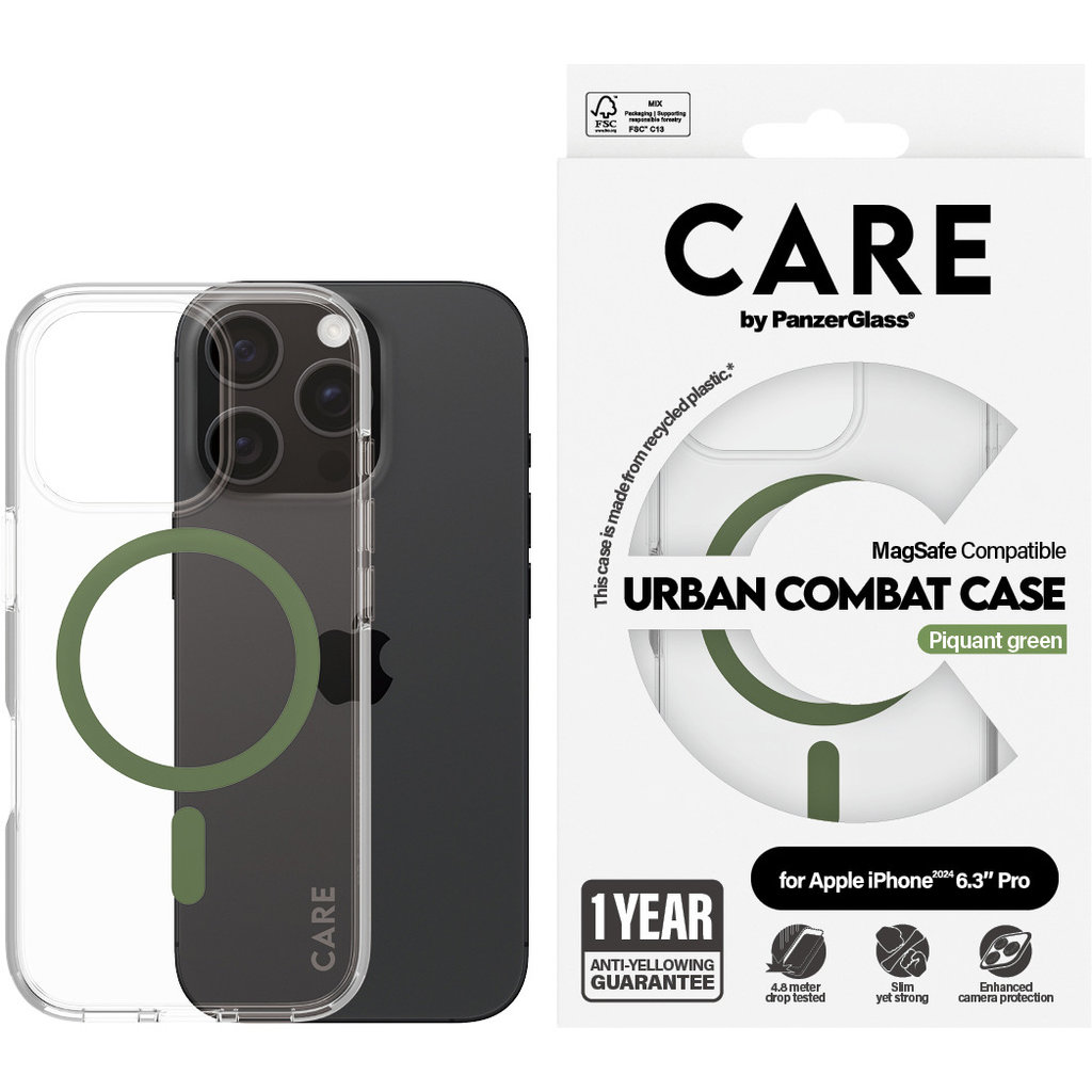 CARE by PanzerGlass Flagship Case Transparent Urban Combat w. Green MagSafe iPhone '24 6.3" Pro - Afbeelding 5