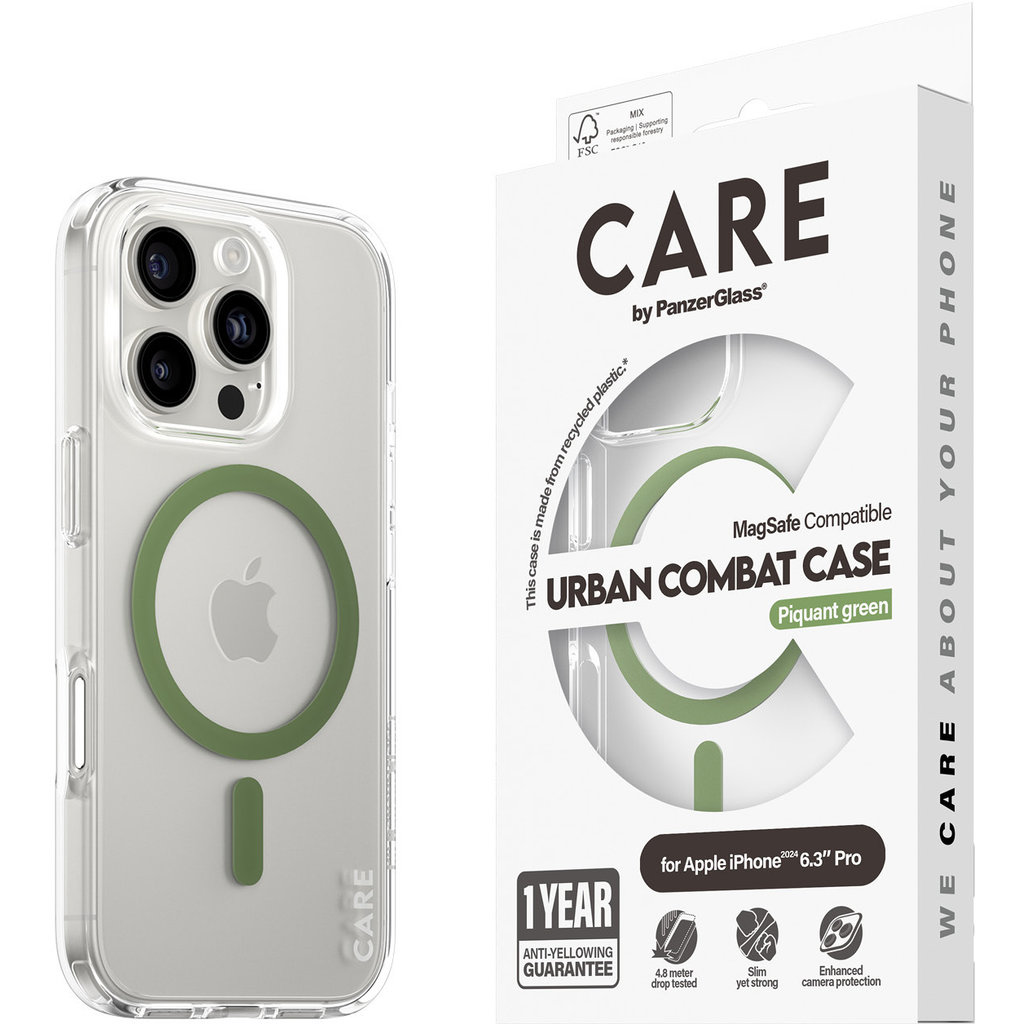 CARE by PanzerGlass Flagship Case Transparent Urban Combat w. Green MagSafe iPhone '24 6.3" Pro - Afbeelding 6